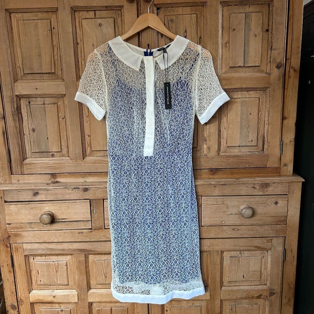 NWT W118 By Walter Baker Small Dress Hilary Blue White Short Sleeve Mesh Lace